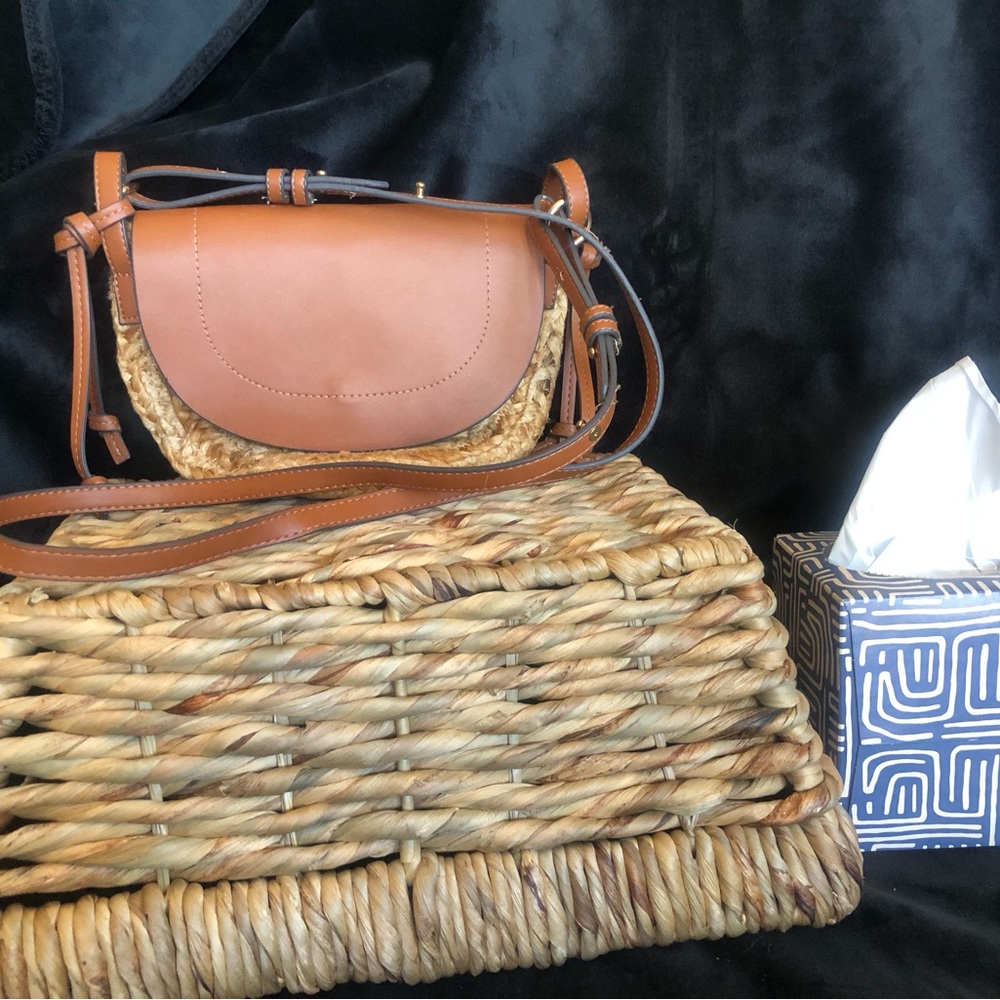 Mango Tan Leather and Woven Crossbody Bag